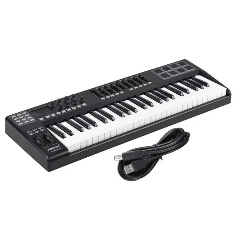최고의 WORLDE PANDA49 휴대용 49키 USB MIDI 키보드 컨트롤러, 8개의 RGB 컬러풀 백라이트 패드 및 USB 케이블 포함