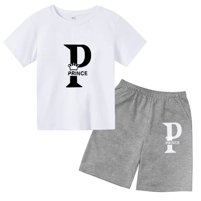 Conjunto de 2 piezas de camiseta y pantalones cortos de algodón con letras simples vintage de verano 2024 para niños, moda de tendencia para bebés y niñas