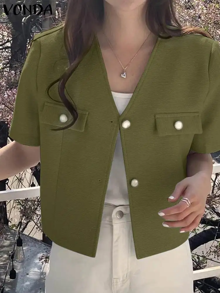

VONDA Fashion Coats Women Blazer 2023 Summer Short Sleeve Blazer Sexy V-Neck Casual Solid Color Loose OL Style Outwear Blusas