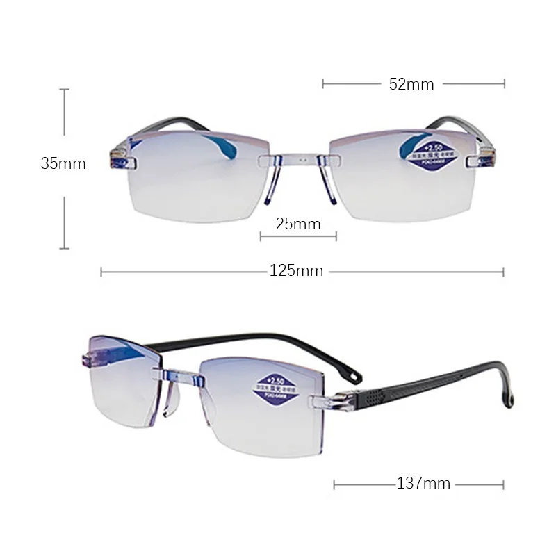 New Diamond Cut Bifocal Progressive Reading Glasses Men Blue Light Blocking Multifocal Eyeglasses Ultralight Rimless Eyeglasses