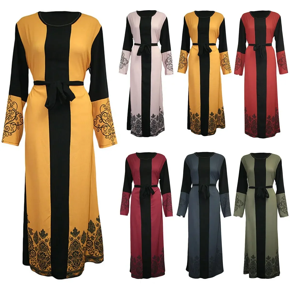 

New Women Muslim Dress Abayat Print Sash Caftan Marocain Kaftan Abaya Dubai Ramadan Eid Turkey Islamic Clothing Vestido Dresses