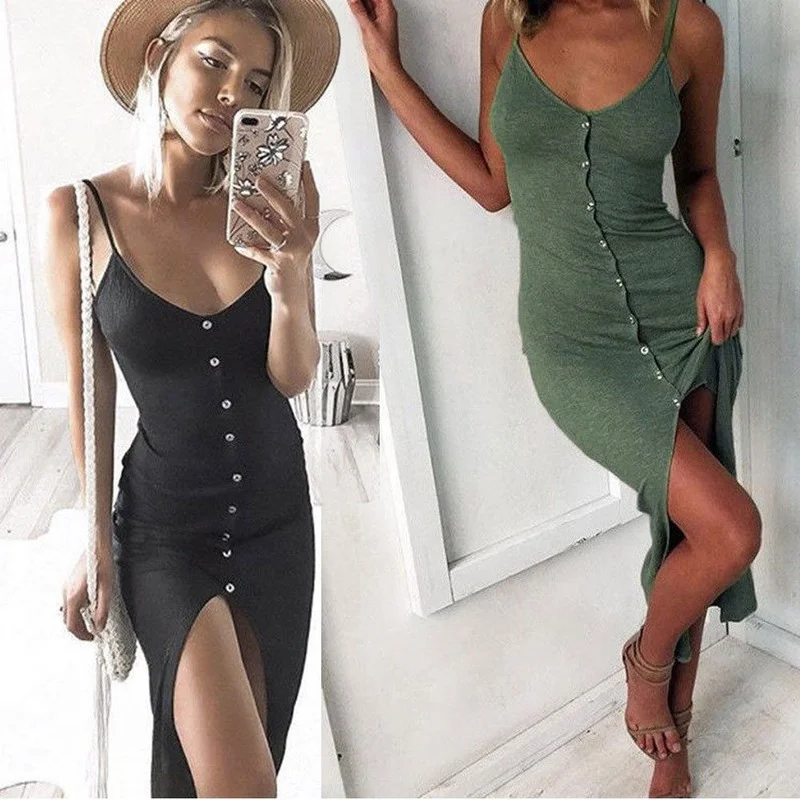 

Causal Solid Women Bodycon Slim Sleeveless Strappy Tank Fashion V-Neck Party Pencil Midi Dress Button Front Summer Clothes