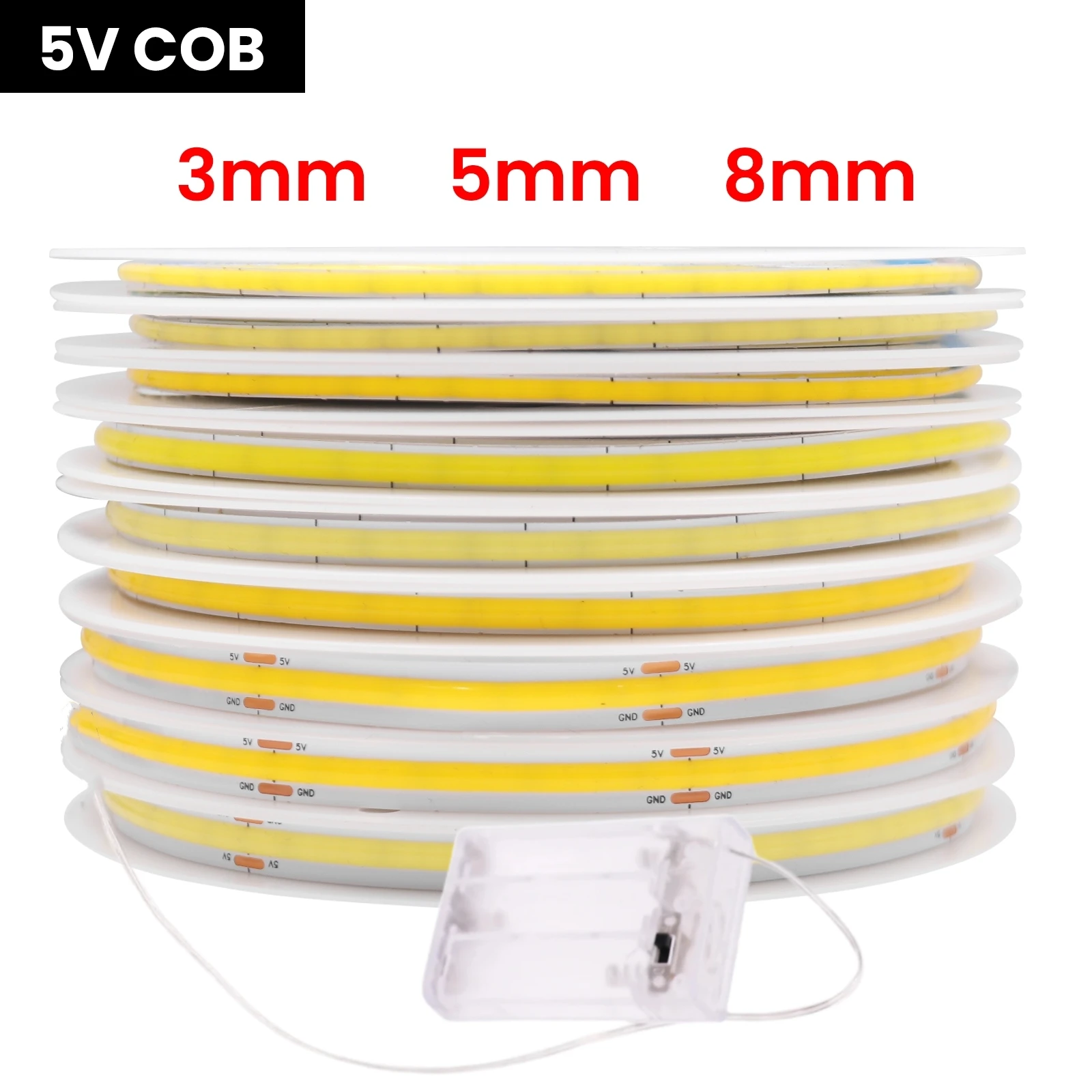 AA 배터리 상자 5V COB LED 스트립 3MM 5MM 8MM 320LED/M 고밀도 유연한 RA90 3000K 4000K 6000K FOB 테이프 로프 야간 조명
