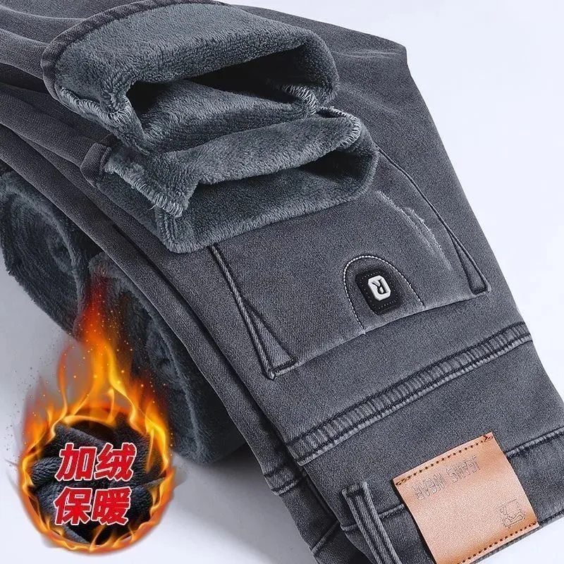 Winter New Fashionable Solid Color With Thick Fleece and Warm Straight Leg Elastic Jeans For Men's Casual Sports High-end Jeans 3
