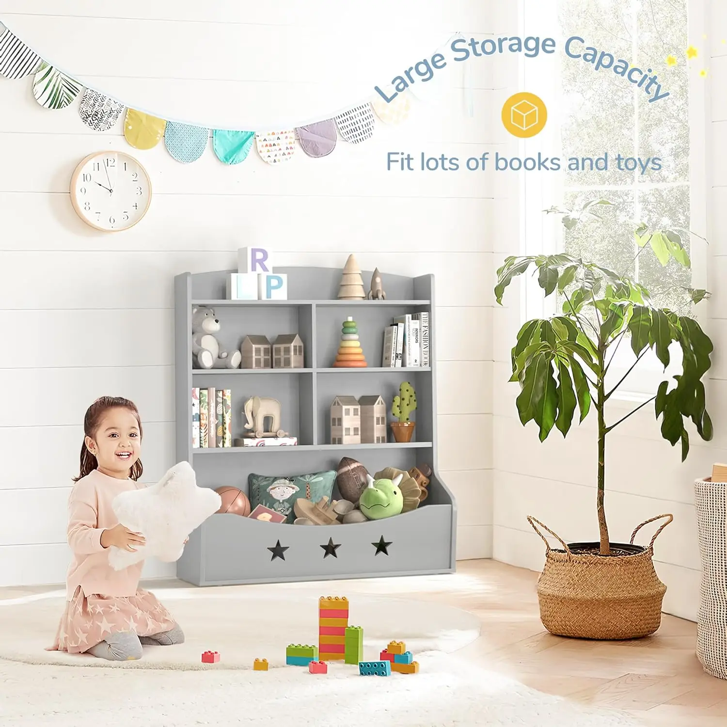Kids Bookshelf, Three-and-a-Half Tier Wooden Bookcase, Bookshelf for Playing Room, Nursery, Bedroom, Toy Storage Cabinet