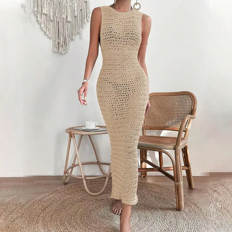 Handmade Slip Bottom Maxi O Neck Hollow Out Two Colors Sheer Beach Cover Up Knitted Crochet Beach Dress 100%