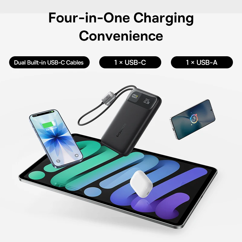 Baseus 10000mAh Power Bank 22.5W Built-In Dual USB-C Cable Thinner Fast Charging for iPhone 17 Pro Max Samsung S25 Xiaomi Poco