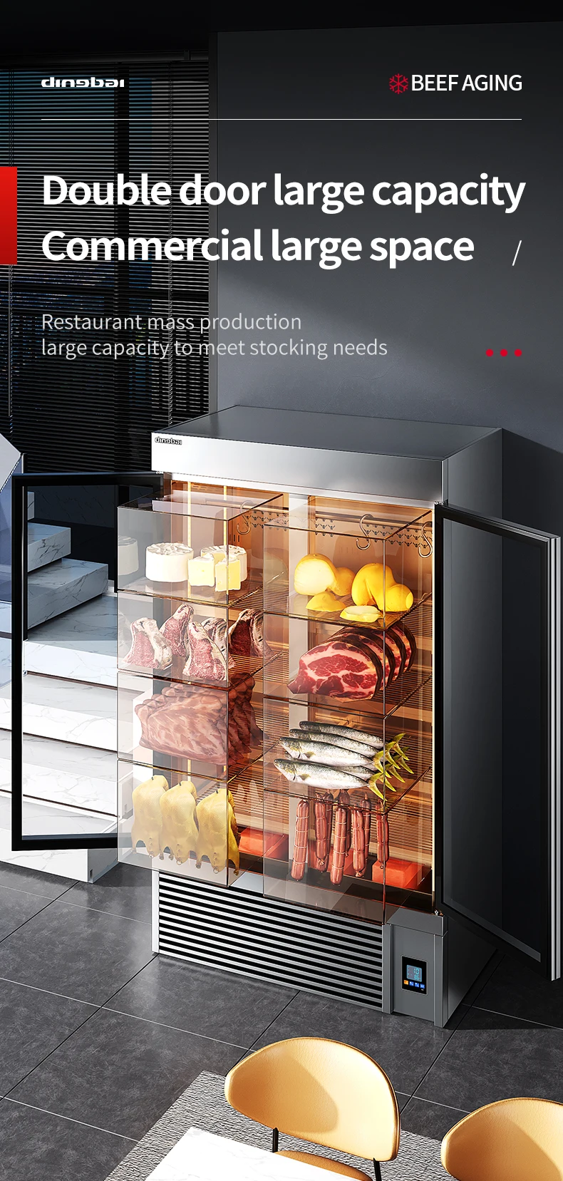 Grade Beef Aging Meat Preservation Cabinet Triple Doors Automatic Defrost Commercial Dry Aging Fridge for Steak Restaurant