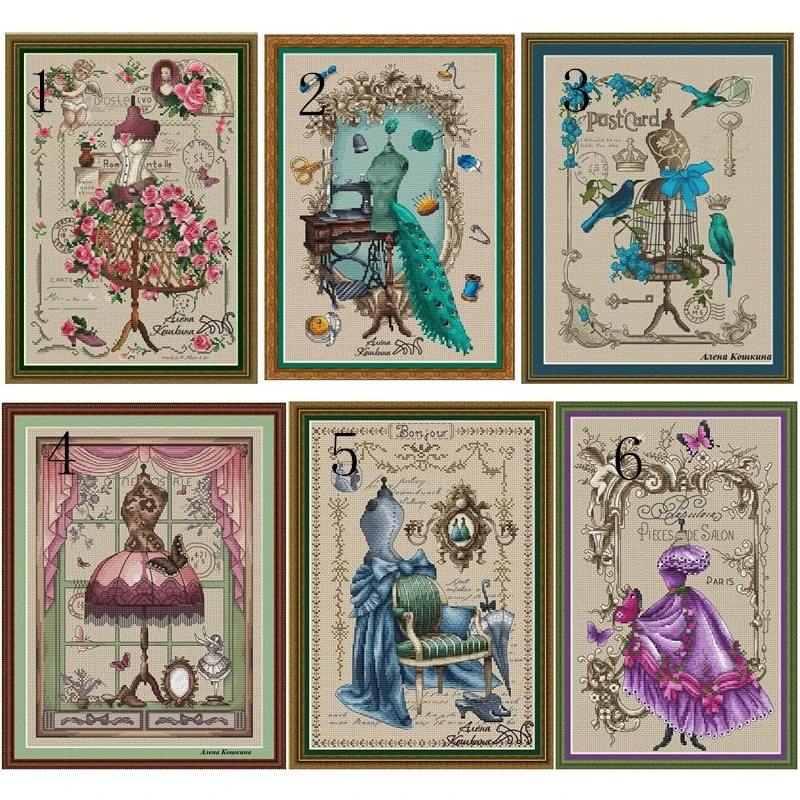 Cross Stitch Kit Counted Cross Stitches Kit Red Tailoring Shop Blue Green Purple Violet And Peahen Sewing Machine Wedding Dress Lady Skirt Rose