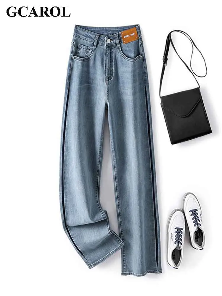 

GCAROL Women Straight Cut Thin Jeans 68% Cotton High Waist New Color splicing edge bright decorative Pipe Pants Streetwear