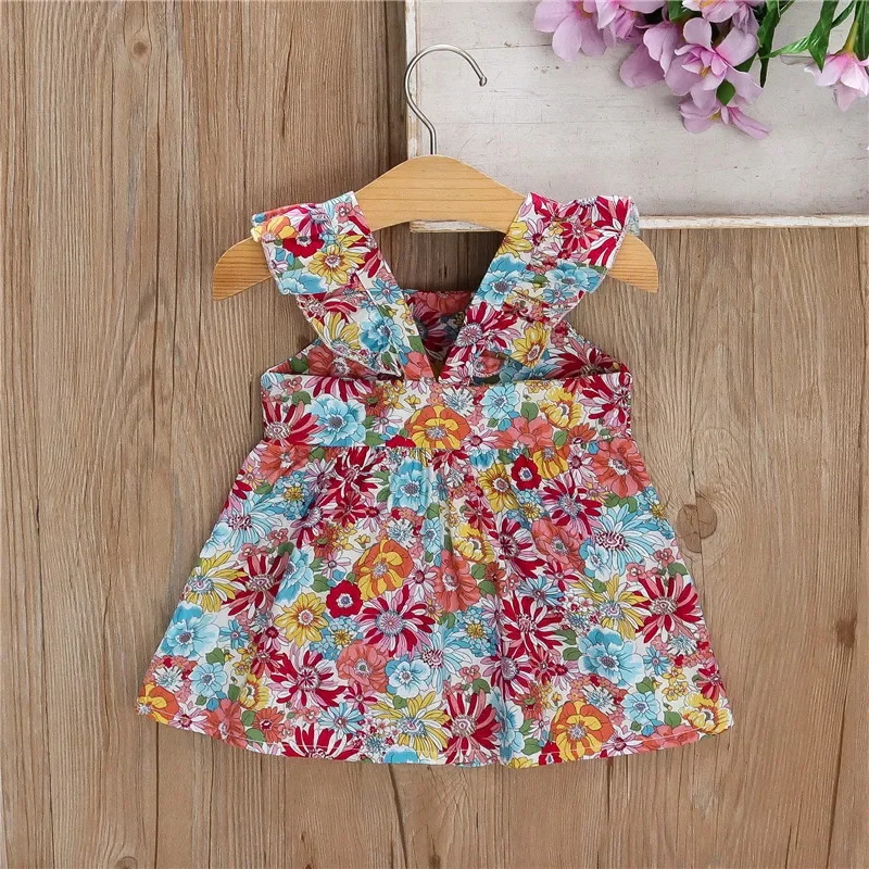 (Girls 0-3 years old)New Summer Girls Dress Halter Small Flying Sleeve Ruffled Flowers Full Print + Crossbody Bag A-line Dress Baby & Maternity