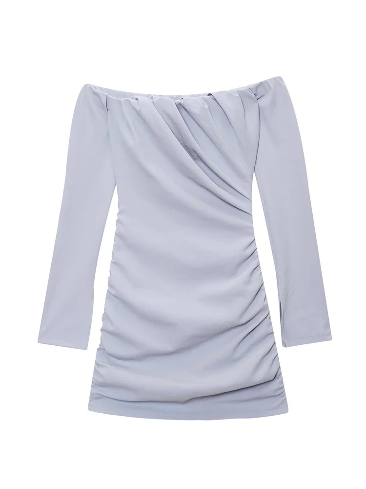 TFMLN Fashion Slash Neck Mini Dress For Women Elegant Long Sleeve Slim Ruffles Dress New Slim Simple Sweet Summer Clothing