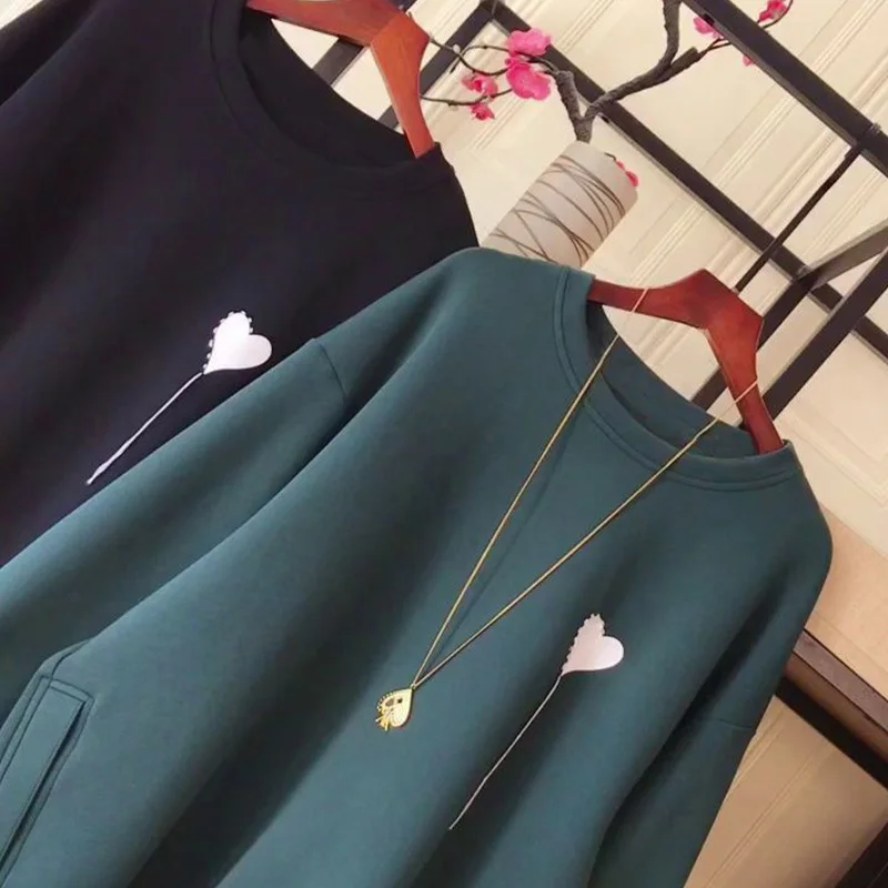Casual Autumn Winter Plus Size Sweatshirts Regular/Plush and Thicken Crew Neck Love Heart Print Patchwork Button Long Sleeve Top