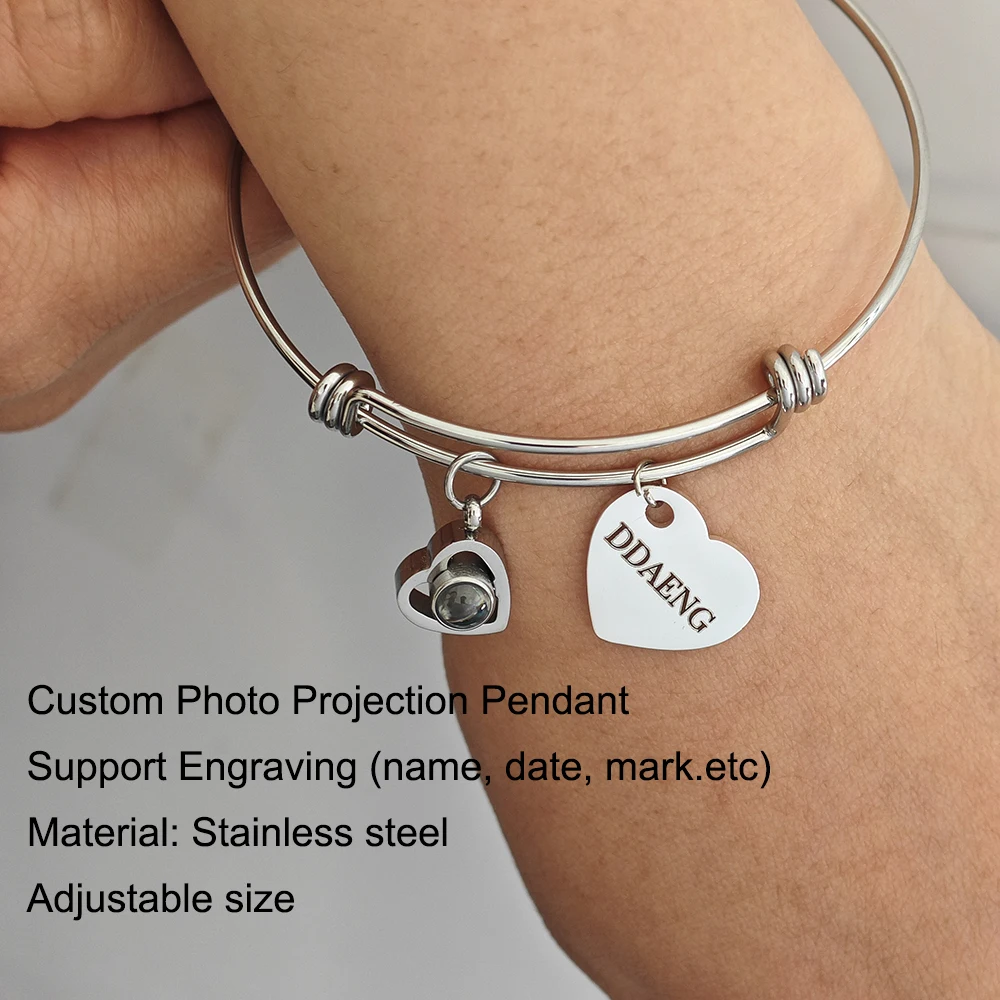 

Custom Photo Projection Bangle Engraving Name Heart Pendant Stainless Steel Waterproof Jewelry Adjustable Women Bangle
