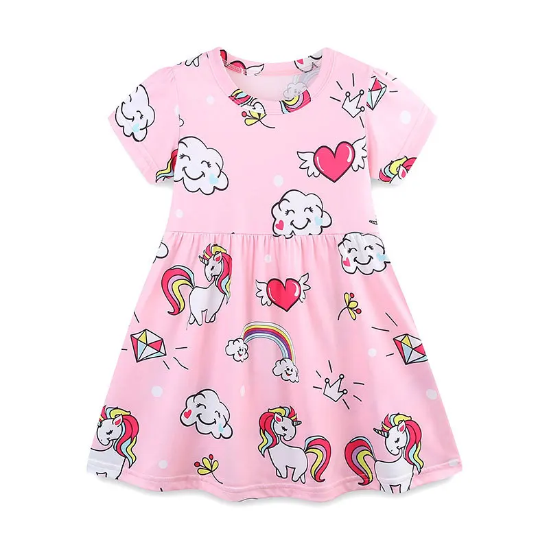2025 Summer Kids Clothes Baby Girls Children's Clothing New Sleeves Cartoon Rainbow Unicorns Dresses 2-7 Years