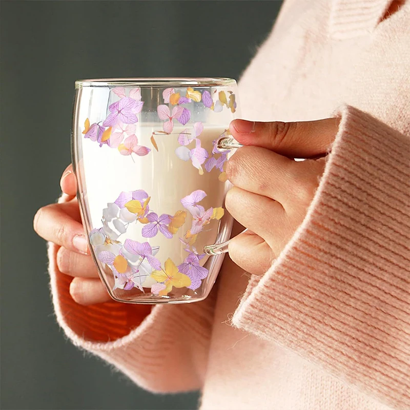 Dry Flower Double Layer Glass Cup, Creative Gift, Cute Milk Cup, Coffee Handle Mug, Heat-Resistant Cup