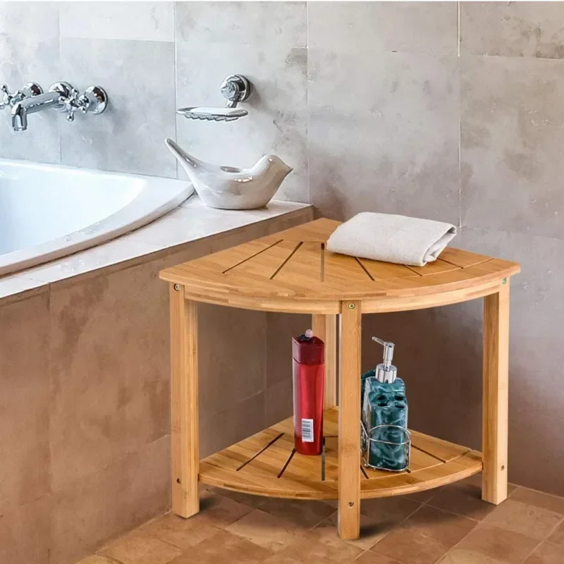 Bamboo And Wood Bathroom Corner Stool For Shower Triangle Multifunctional Storage Shelves Home Shower Cabin Chair