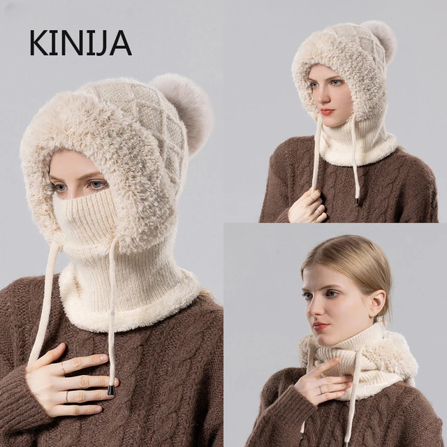 KINIJA Women Winter Velvet Knitted Woolen Balaclava Hat