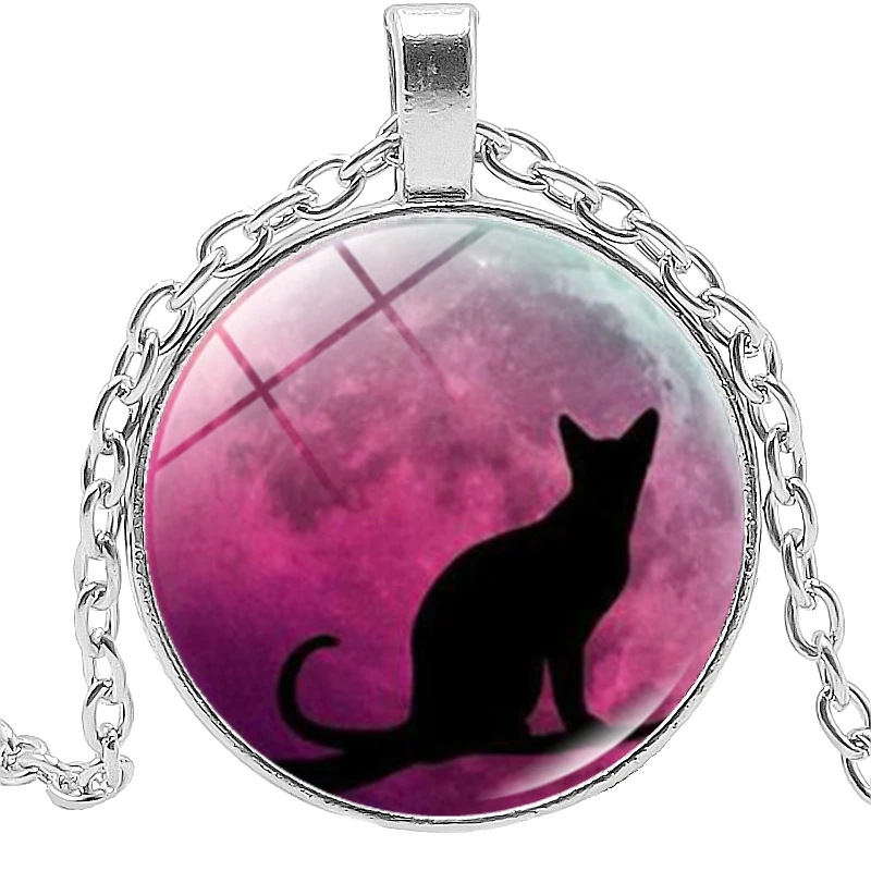 

2019 Hot Fashion Black Cat and Red Moon Time Crystal Glass Cabochon Pendant Necklace Clothing Sweater Chain Jewelry