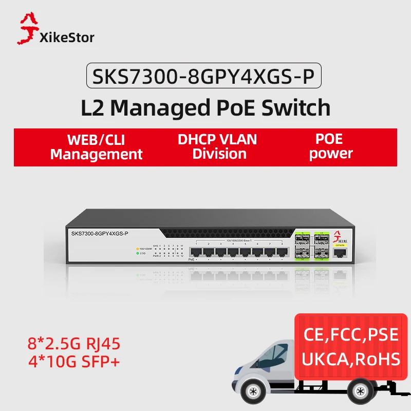 XikeStor 12 Ports Layer2 Managed PoE hub,8 2.5G poe RJ45 +4 10G SFP+ Ports WEB/CLI Management Port Aggregation VLAN Division