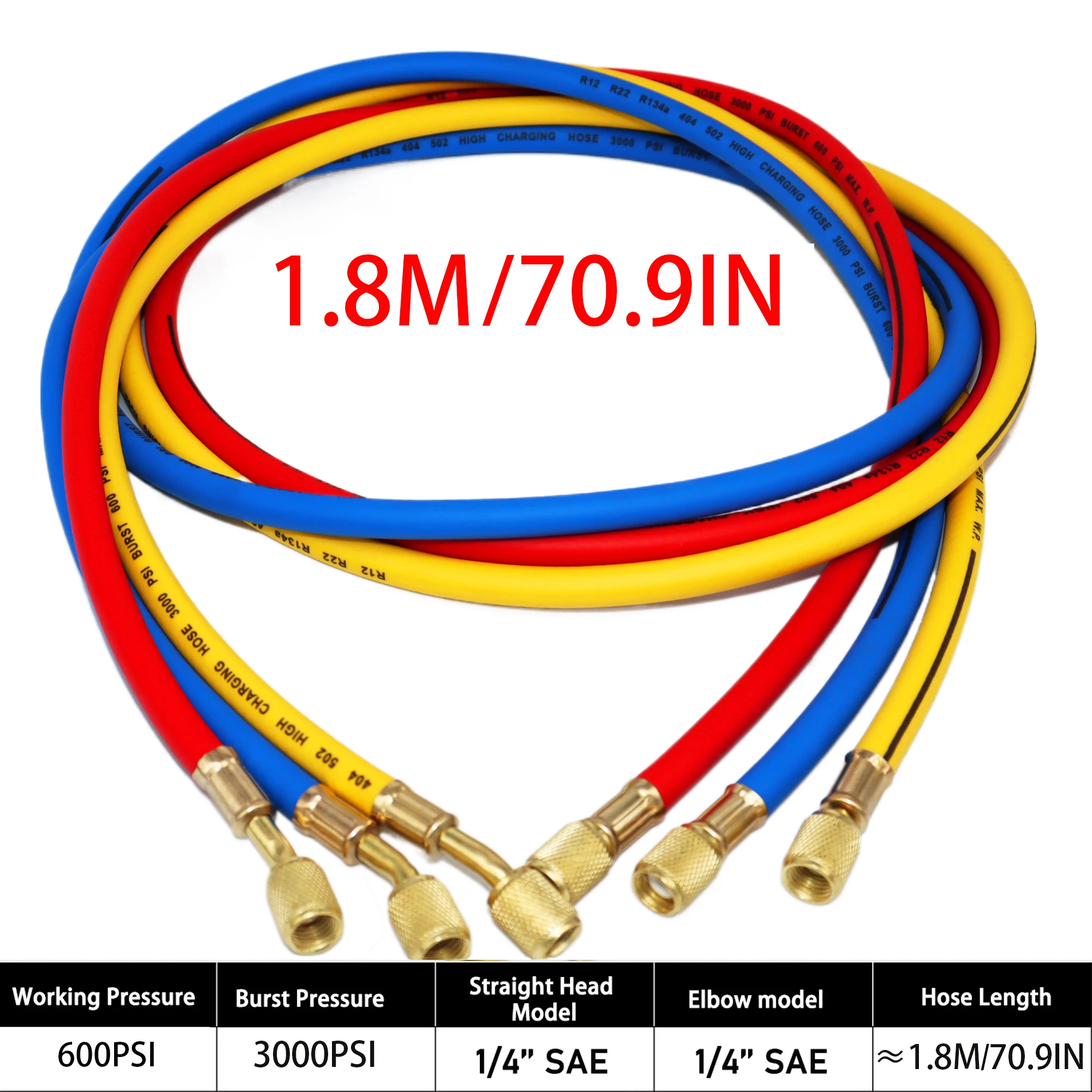 Description Picture 4 of item3000psi R22 1/4 inch AC Charging Hose Tube HVAC Gauges Hoses Refrigerant Charging Hose for R134A R12 R22 R502 Manifold Hose Set