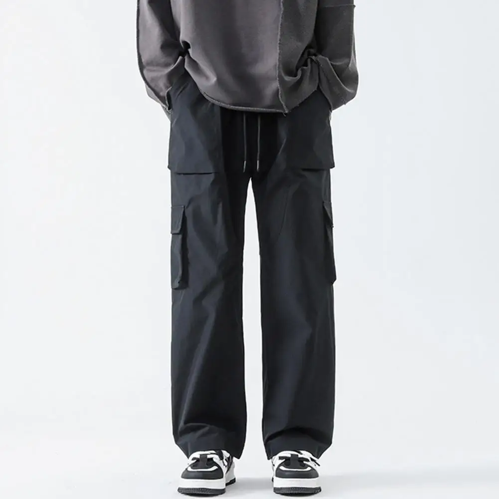 Description Picture 5 of itemMen Overalls Men's Elastic Drawstring Cargo Pants with Pockets Solid Color Straight Wide Leg Trousers for Streetwear Style Cargo