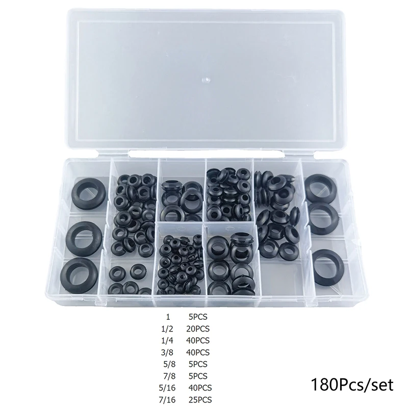 

180pcs Rubber Grommet Protective Coil Double-sided Black Rubber Firewall Hole Plug Retaining Ring Car Electrical Wire Gasket