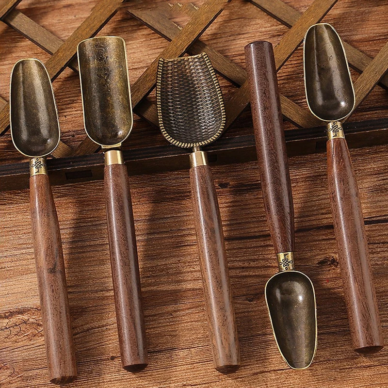 1 Pc Sandalwood Handle Alloy Teaspoon Small Tea Scoop Kung Fu Ceremony Accessories tea spoons