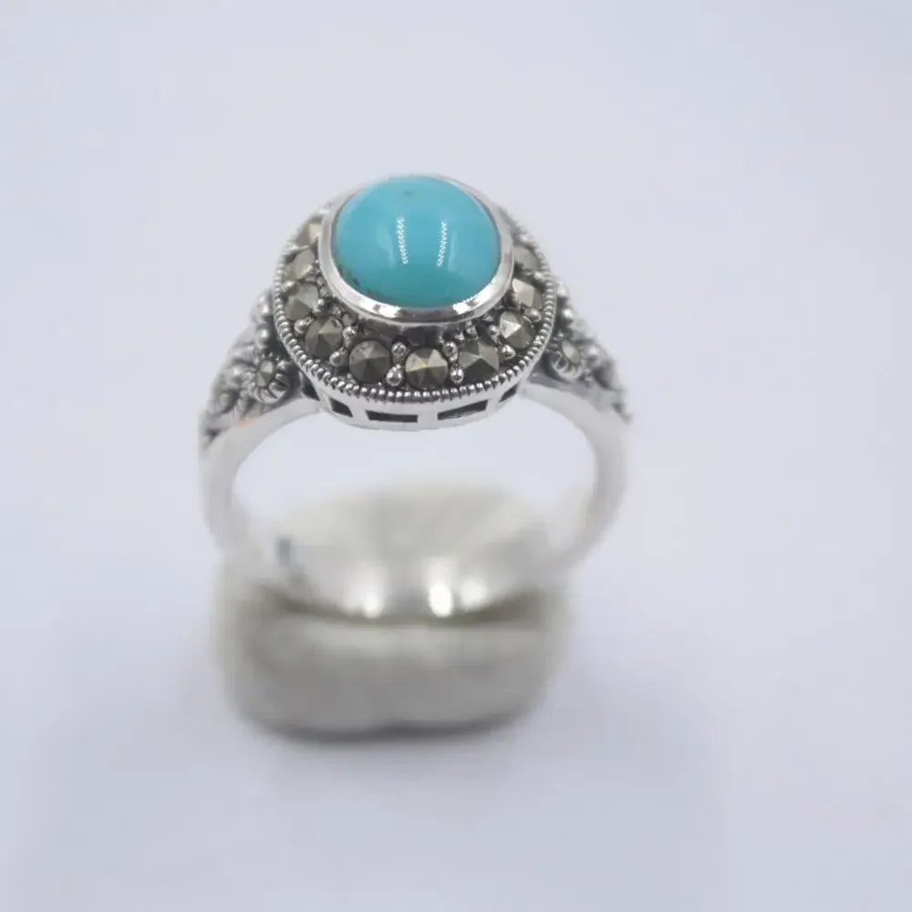 

Natural Blue Turquoise ring female S925 sterling silver square ring for Goddess Day gifts US 7-10 Charm Ring