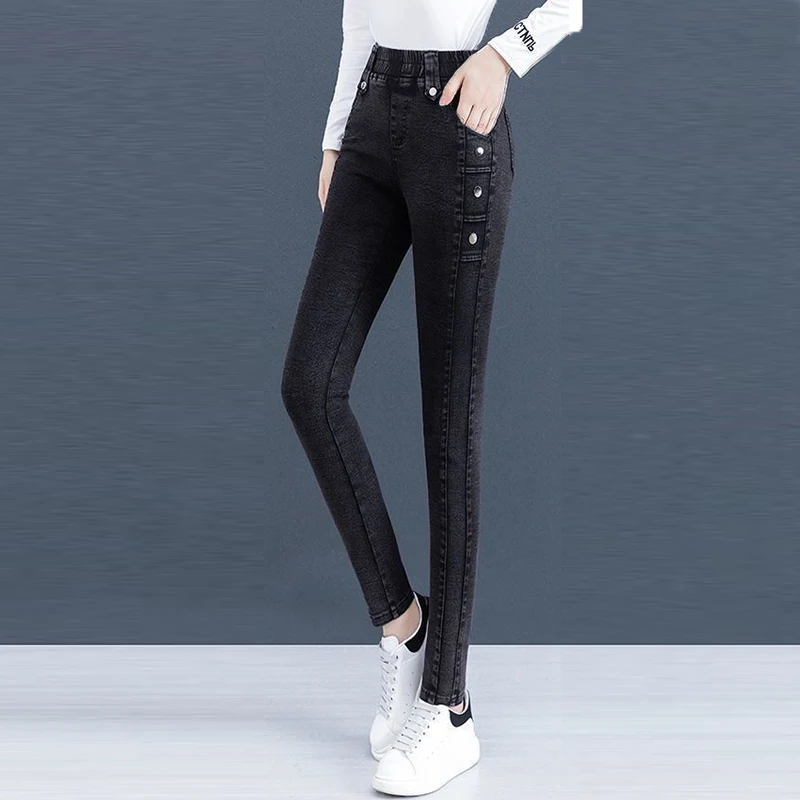 Autumn Winter Women Korean Fashion Plush Warm Slim Stretch Jeans Casual High Waist Skinny Denim Pencil Pants Pantalones De Mujer