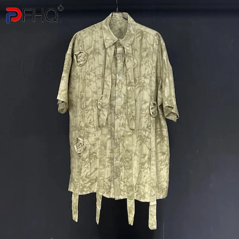 

PFHQ Men's Summer Shirt Short Sleeve Handmade Flower Ribbon Niche Design Creativity Advanced Anti-wrinkle Tops Original 21Z4821