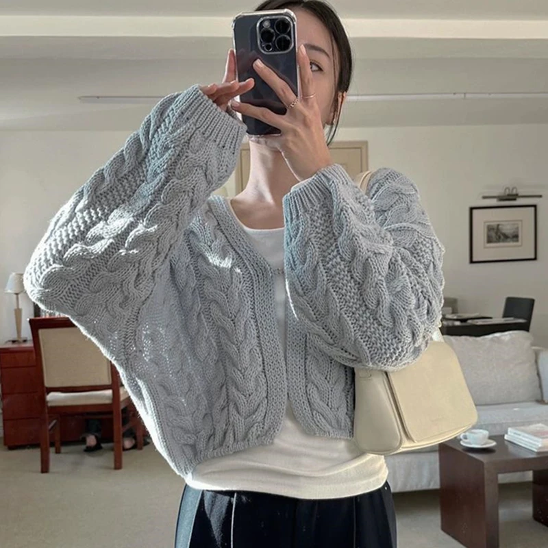 Korean Style Autumn Women Long Sleeve Knitted Top Elegant Casual Solid Color Cardigan Sweater Winter Short Knitwear 2025 Fall