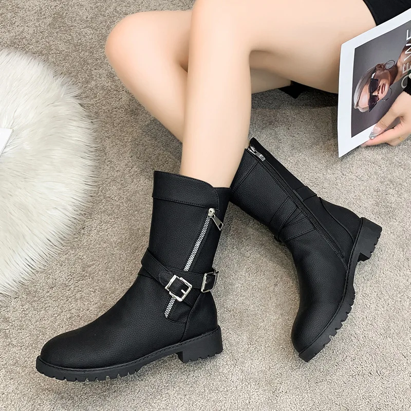 

Ankle Boots Women Double Zipper PU Leather Motorcycle Booties Lady Autumn Platform Shoes Student Fashion Non Slip Footwear Black