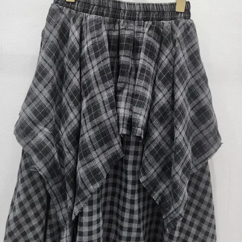 DEAT Fashion New Items Irregular Plaid Patchwork Pleated A-line Skirts For Women High Elastic Waist Mid-length Skirt 11A06244