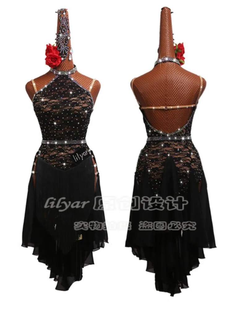 

Black Lace Latin Dance Competition Costume Performance Women's Hollowed Out Tassel Skirt