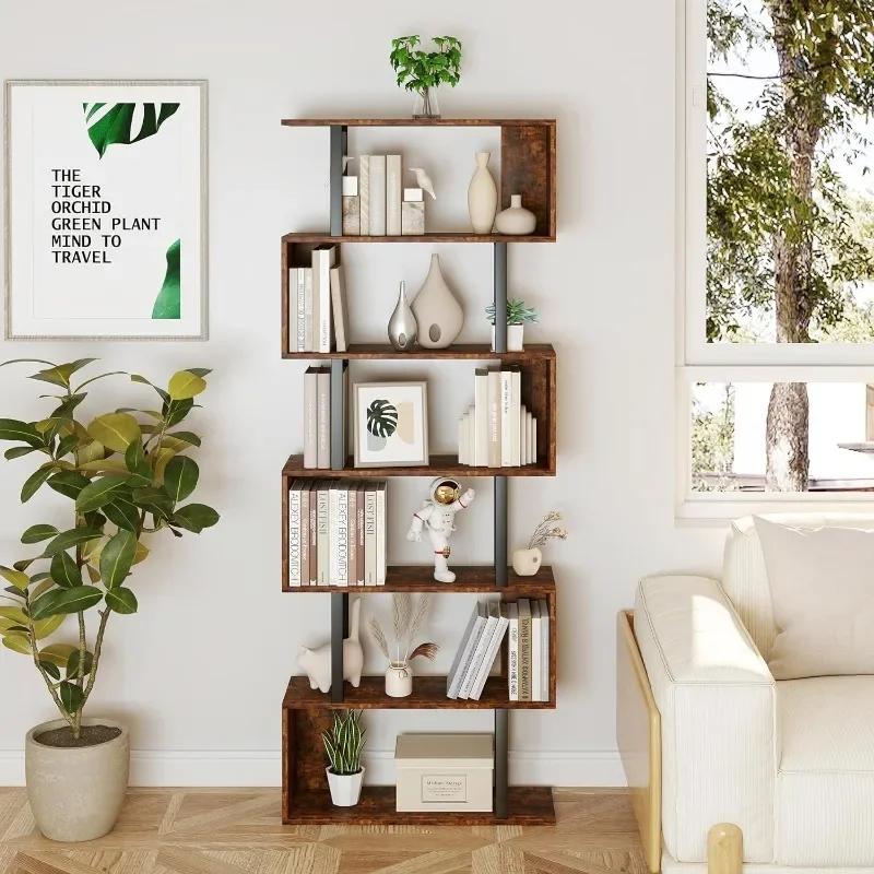 Description Picture 3 of itemYusong Geometric Bookcase, S Shaped Bookshelf 6-Tier Book Shelves for Bedroom, Modern Wood Decorative Display Shelf, Bown