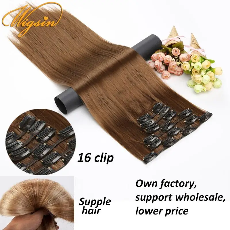 WIGSIN Szintetikus 24inch stv egyenesen 16 klipek Láthatatlan haja kiterjesztése Hő Ellenálló Izomrost hairpieces számára Nők