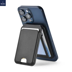WiWU Mag Wallet: Anti - theft RFID Leather Credit Card Holder with Strong Magnetic Phone Stand (Black)