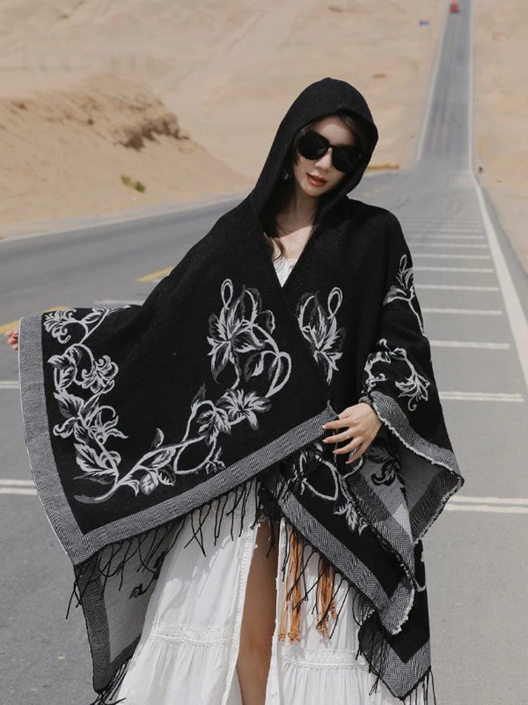 Poncho Woman Vintage Tassel Shawl 2023 Winter Flower Print Split Split Thermal Cape Hooded Outdoor Cape Pashimina