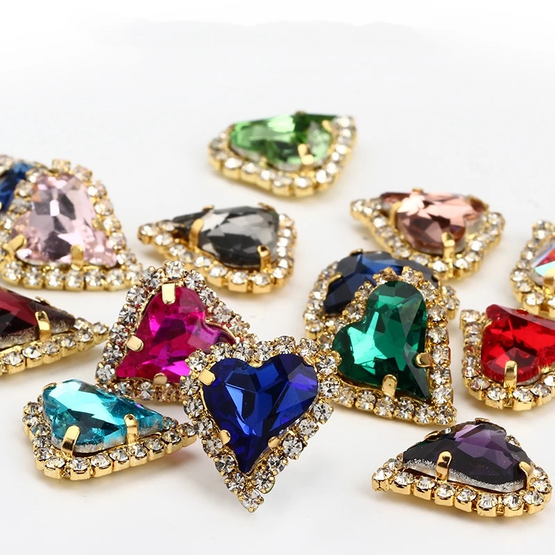 

High Quality 10Pcs Heart Shape Glass Sew On Claw Rhinestone Glitter Crystal AB Diamond for Sewing Fabric Clothes Decoration