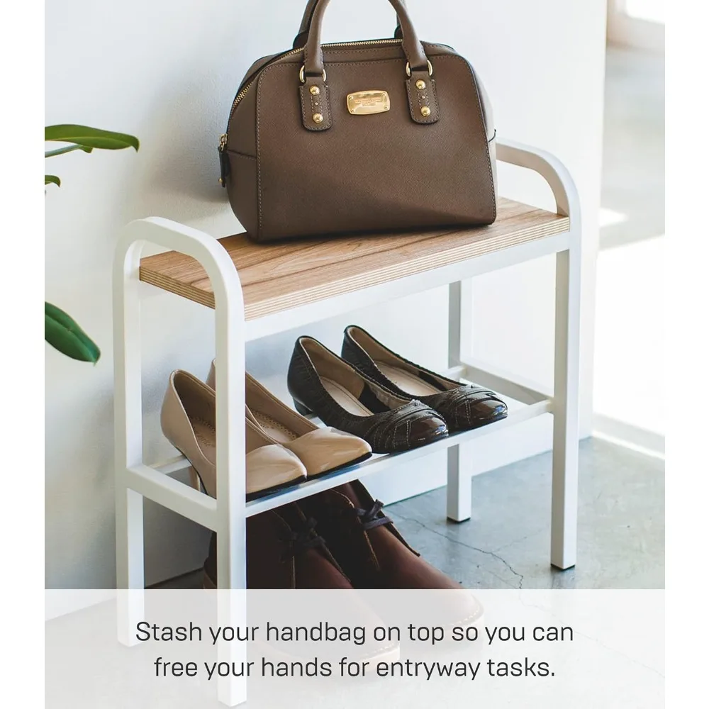 home tower shoe organizer rack with wooden top, storage table for entryway with handles, 18" - steel + wood - holds 4 pairs of