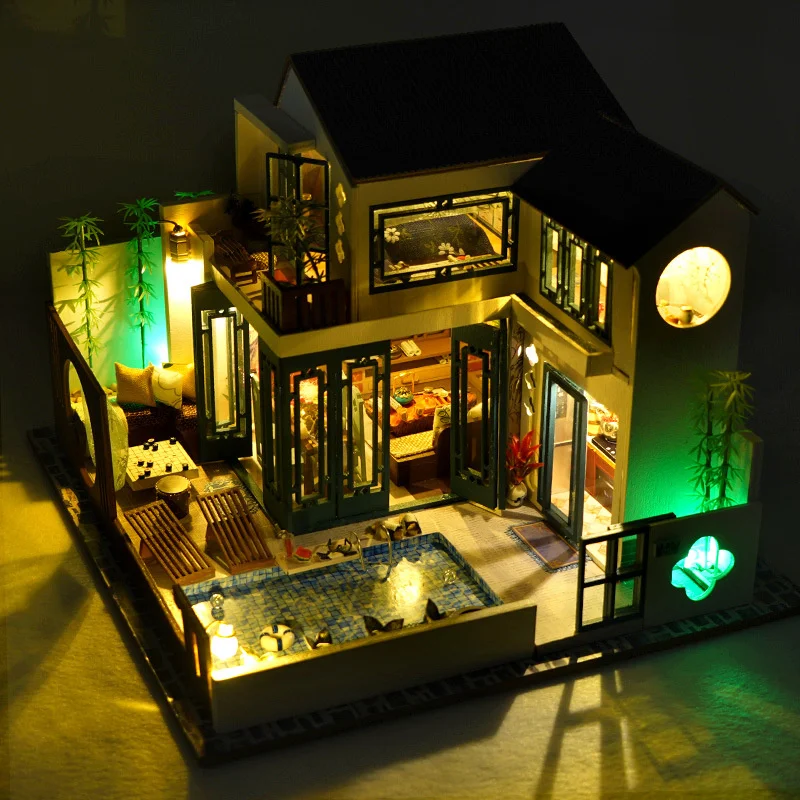 

Новый миниатюрный деревянный кукольный домик «сделай сам» в комплекте с мебелью, кукольный домик «Цзяннань» в сборе, игрушки для бассейна, подарки для друзей