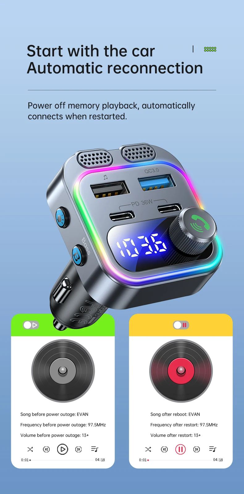 66W Fast Car Charger Bluetooth 5.4 FM Transmitter Wireless Radio Handsfree Calli