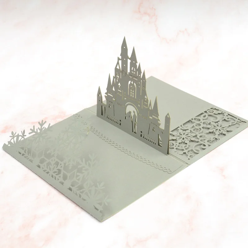 Luxury silver pop up 3D pocket cards laser cut snowflake wedding invitations