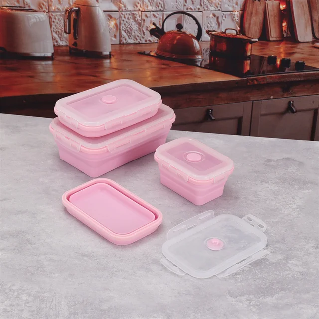 Boîte à déjeuner rectangulaire en Silicone, 4 tailles au choix, boîte à Bento pliable, récipient alimentaire pliant, bol 350/500/800/1200ml pour la vaisselle 5