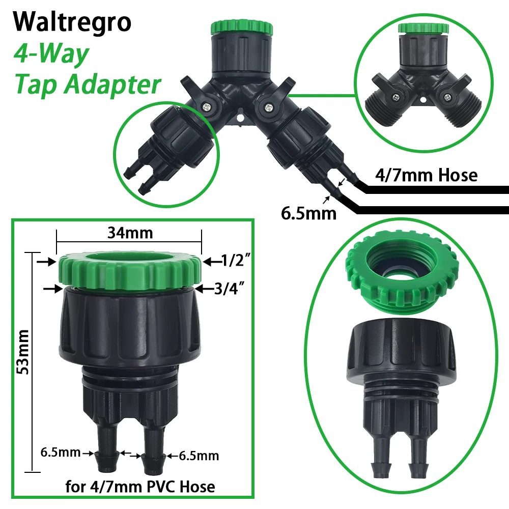 Drip Irrigation System 1/4'' Hose Adjustable 13CM Sprinkler Kit 4-Way Micro Watering Flow for Garden Flowers Vegetables 4