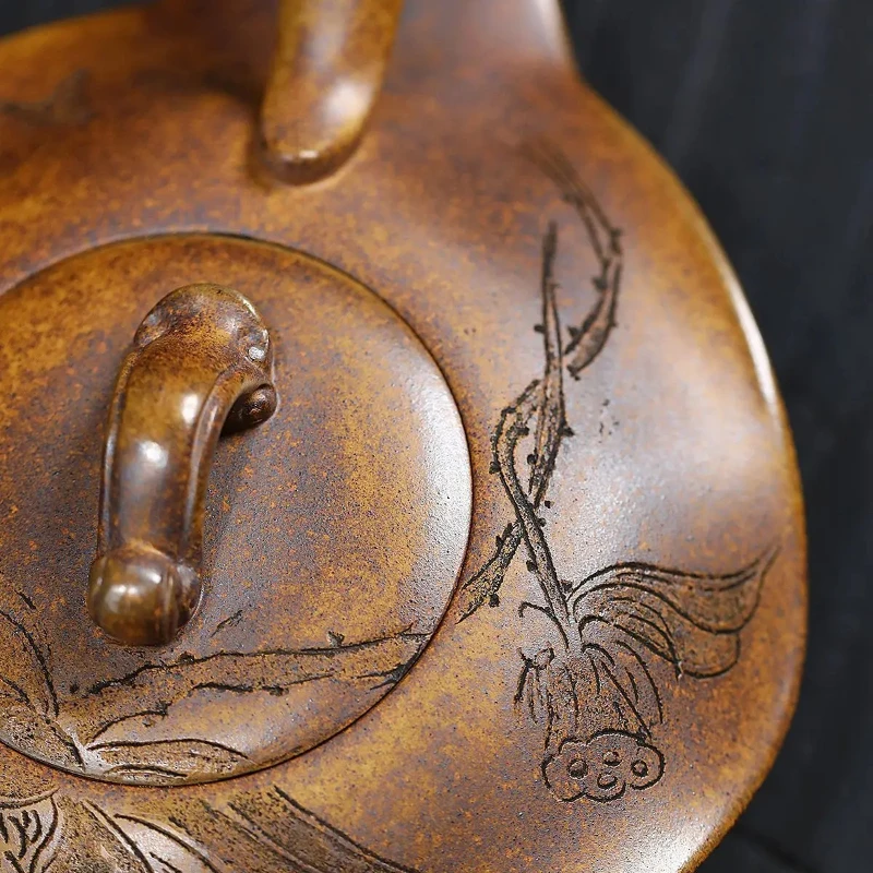 410ml Yixing Handmade Purple Clay Teapot, Original Ore, Longyao Wood Fired Lotus Leaf Teapot, Kung Fu Tea Set Teapot