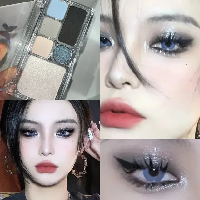 59249-d8bd91.jpg 6 Colors Eye Shadow Palette Punk Smoky Black Glitter Pearly Eyeshadow Palette Korean Shiny Blue Eyeshadow Contour Blush Makeup
