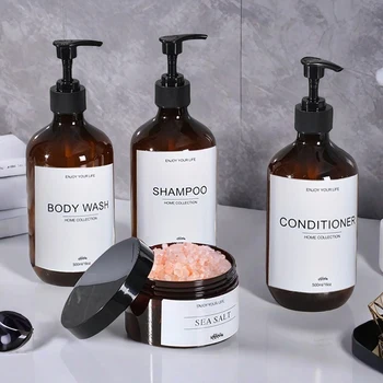 Set di Dispenser di sapone per doccia da bagno riutilizzabile Shampoo ambrato balsamo maschera per capelli Dispenser di Scrub per il corpo al sale marino con etichette 1