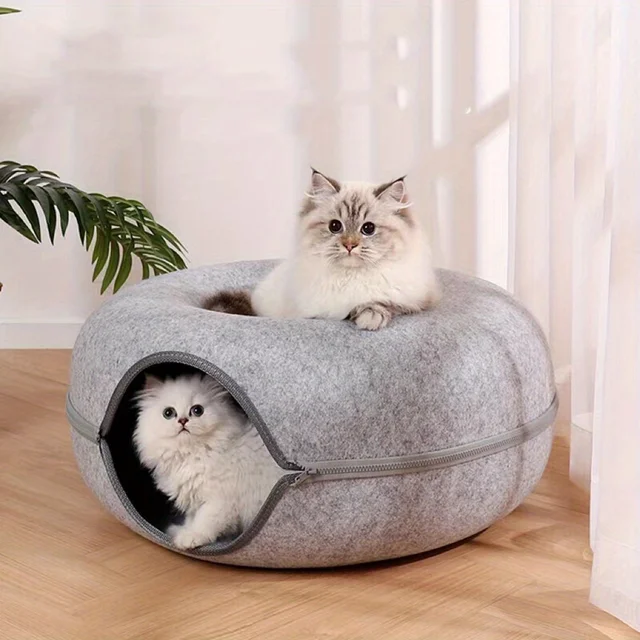Wool Felt Cat Tunnel Nest – Modern Style Uncharged Donut Bed, Detachable & Washable All-Season Cat House, 1pc Cozy Cat Condo 3